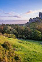 Corfe Castle ruins in English Countryside